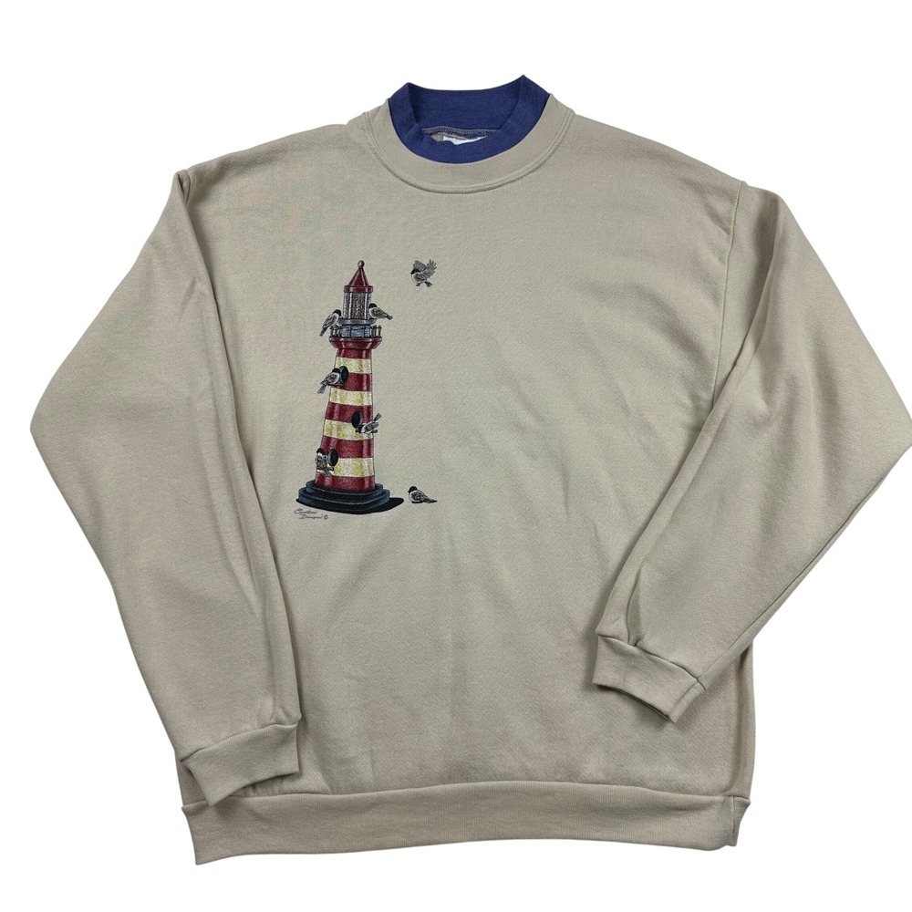 Vintage Endless‎ Designs Lighthouse Bird Feeder Sweatshirt Mens LG Tan Mock Neck